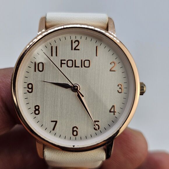 Folio Women's Watch 32MM Light Gray Dial Cream Faux Leather Bands New Battery - Picture 2 of 14